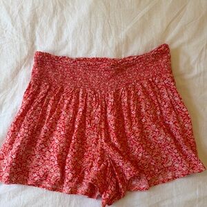 aerie Pink-Red Floral Smocked High-Waist Summer Shorts Size XL